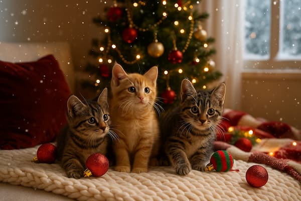 Three adorable kittens sitting on a cozy knitted blanket in front of a Christmas tree with warm lights, festive baubles and gently falling snow.