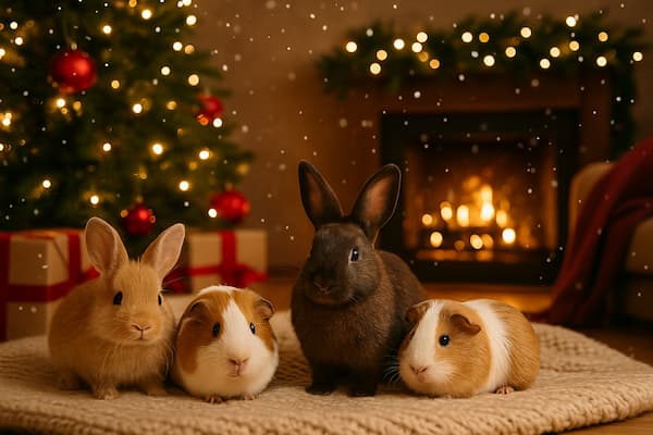 Rabbits and guinea pigs sitting together in a cozy Christmas living room with warm fairy lights, festive decorations and soft falling snow.
