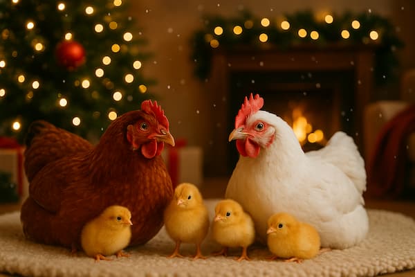 Two hens and four chicks sitting on a cozy rug in a warm Christmas living room with a lit fireplace, festive tree lights, and gentle falling snow.