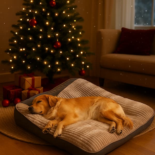 Golden retriever sleeping on a luxury orthopedic memory foam dog bed with soft plush fabric.