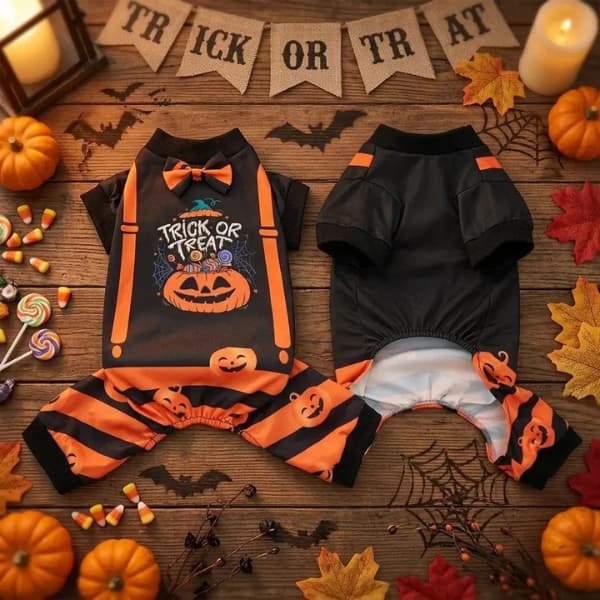  Black and orange Halloween dog pyjamas front and back view with pumpkin print
