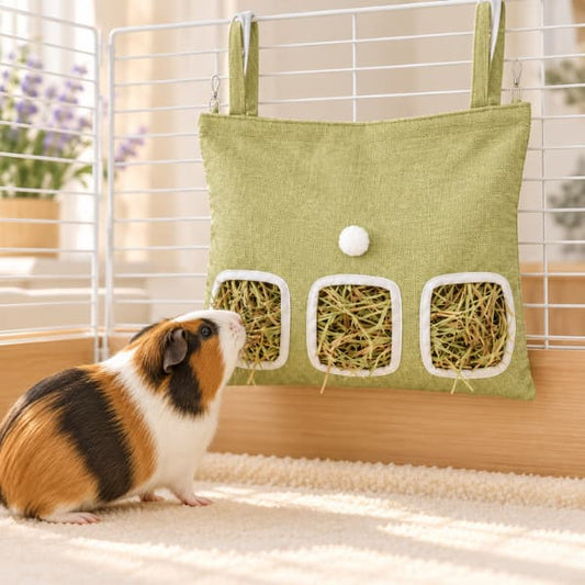 Tricolour guinea pig reaching hay from a green hanging feeder bag with three white-trimmed openings, attached to a white enclosure.
