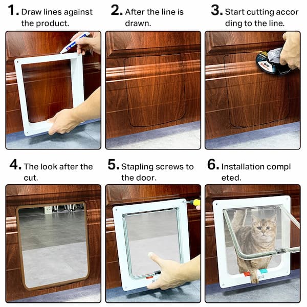 Step-by-step guide on installing a pet door with images of the process.
