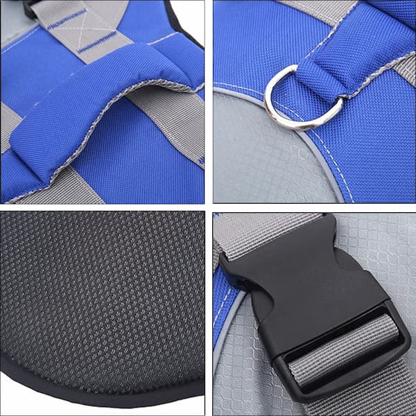 Close-up details of a blue and gray dog harness with buckle and mesh texture.