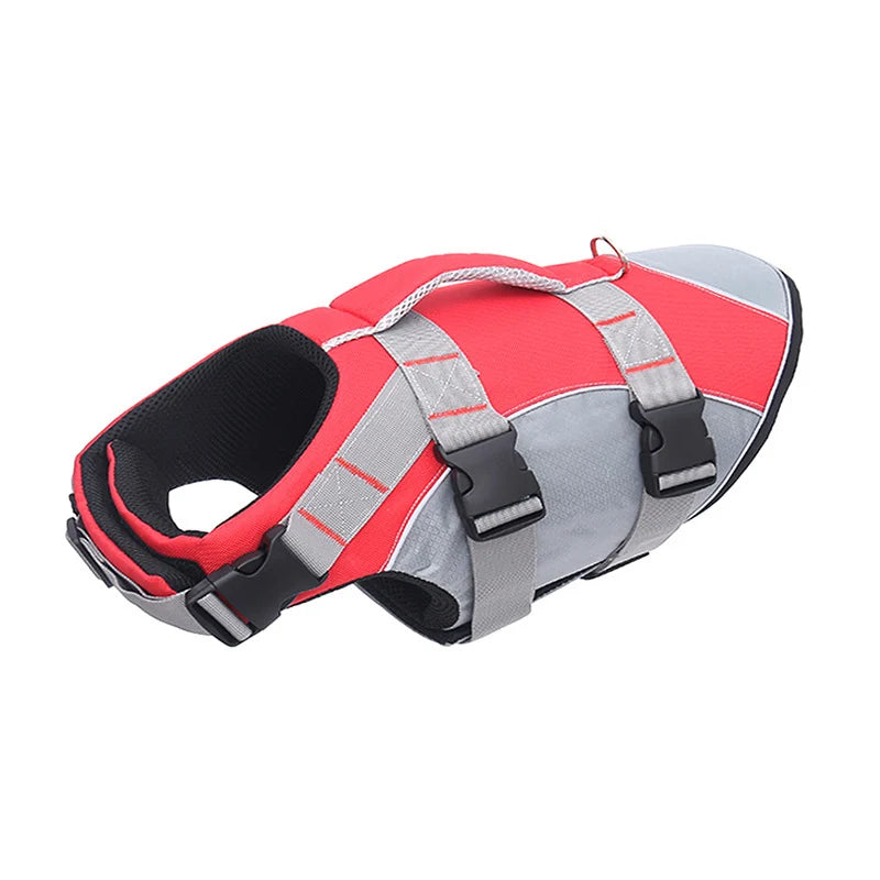 Red and gray dog life jacket on a white background