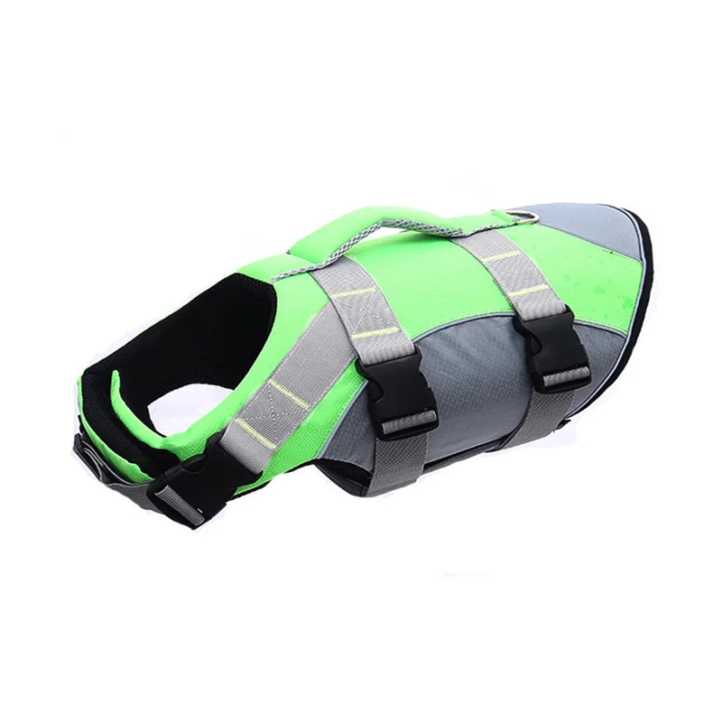 Green and gray dog life jacket on a white background