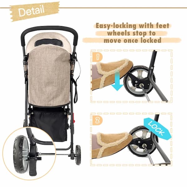 Pet stroller with footrest design for easy locking wheels, on a white background.