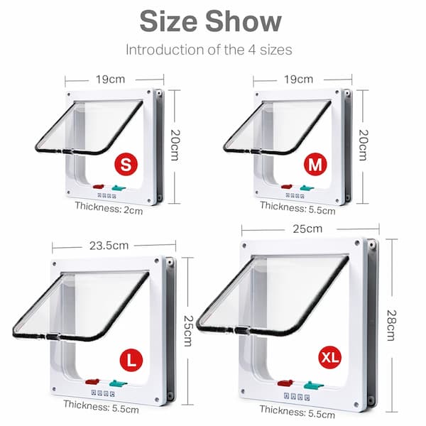 Size comparison chart of four pet door sizes with dimensions and thicknesses.