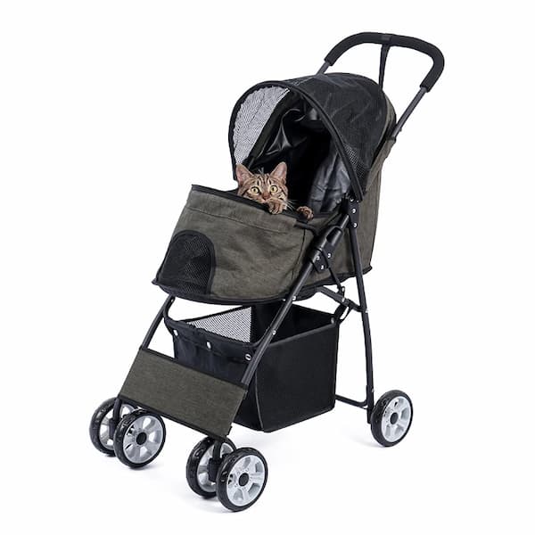 Pet stroller with a cat inside on a white background