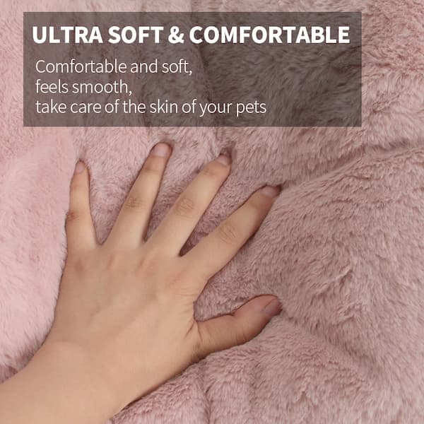 Hand touching soft pink fabric with text 'Ultra Soft & Comfortable' and 'Comfortable and soft, feels smooth, take care of the skin of your pets'.