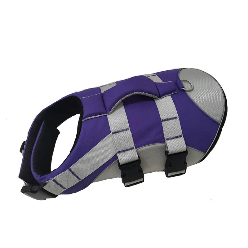 Purple and gray dog life jacket on a white background