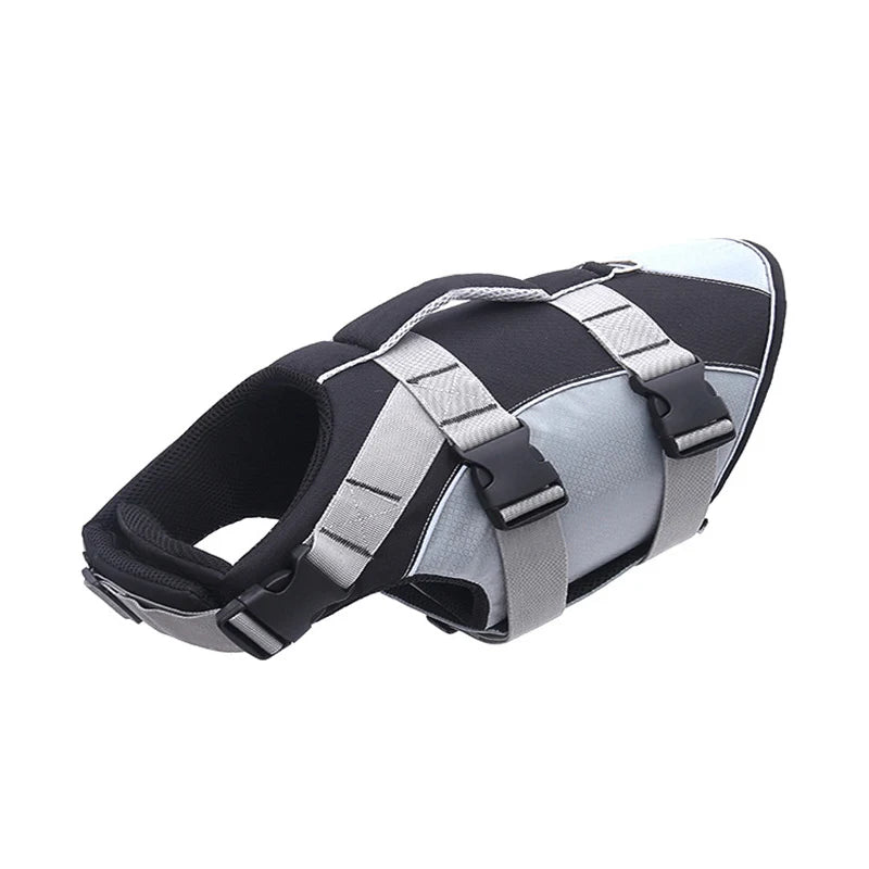 Gray and black dog life jacket on a white background