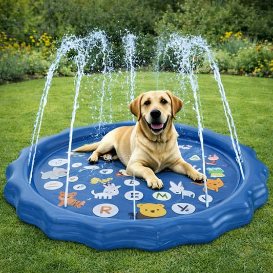 Dog playing on a blue inflatable water play mat with water splashes in a garden setting.