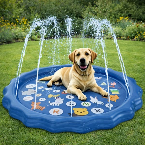 Dog playing on a blue inflatable water play mat with water splashes in a garden setting.