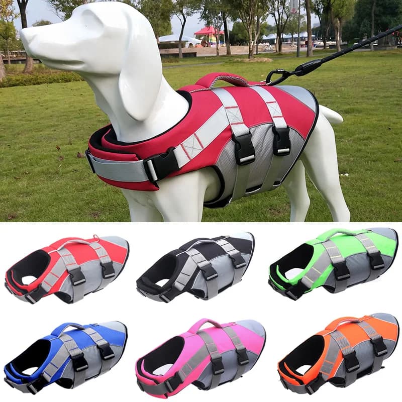 Dog life jacket in red and gray on a white dog model with additional life jackets in various colors displayed below.