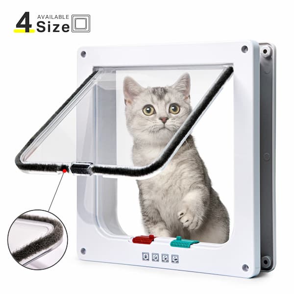 Pet door with a cat peeking through, showing different size options.