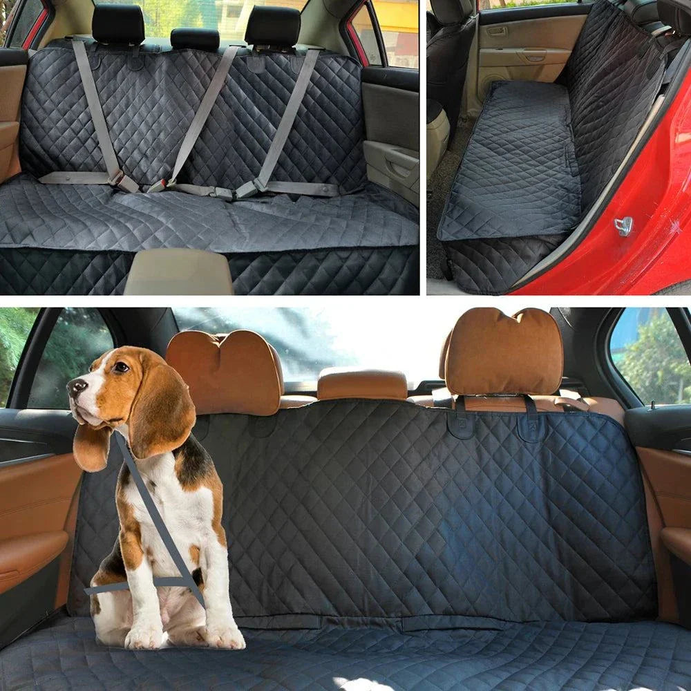 Waterproof car seat cover for pets with middle seat arm opening, providing protection and comfort for dogs during travel.