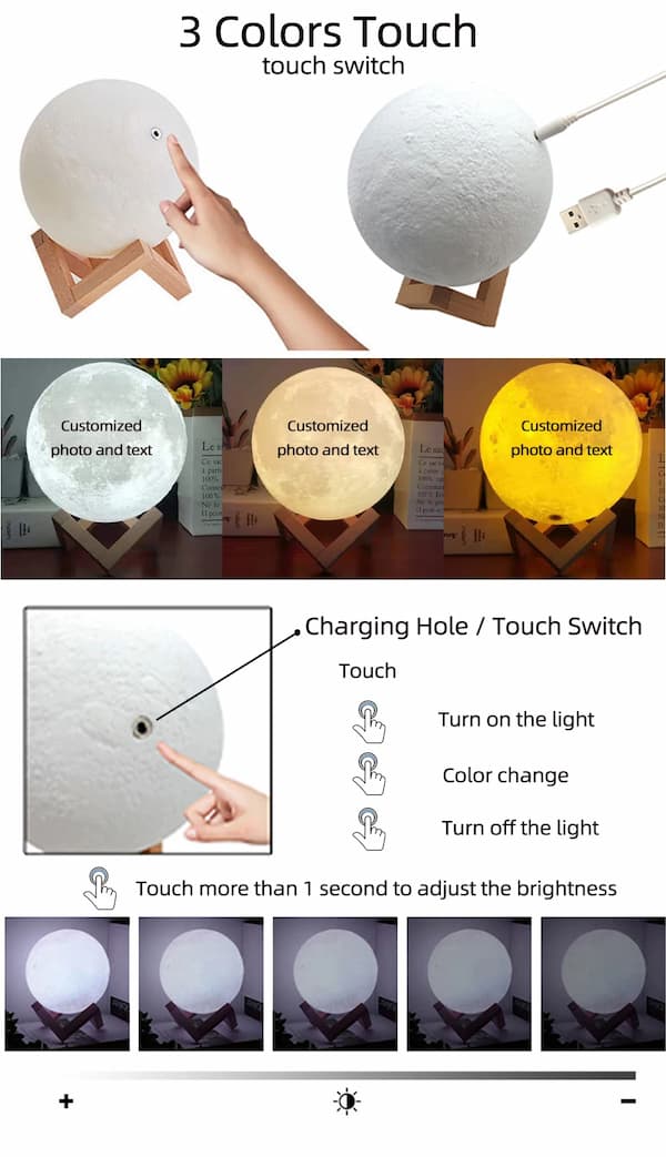 3 Colors Touch personalized 3D moon lamp showing touch switch control, charging port, and customizable photo and text options. Demonstrates warm, cool, and yellow light color modes with adjustable brightness.