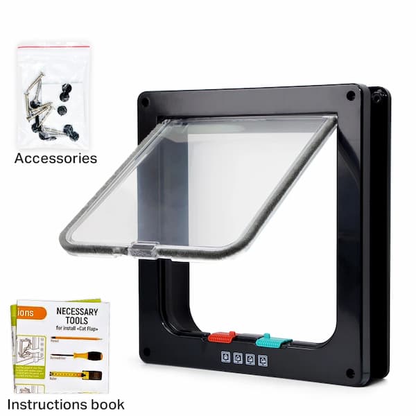 Pet door with accessories including tools and an instructions book on a white background