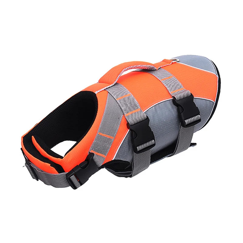 Orange and gray dog life jacket on a white background