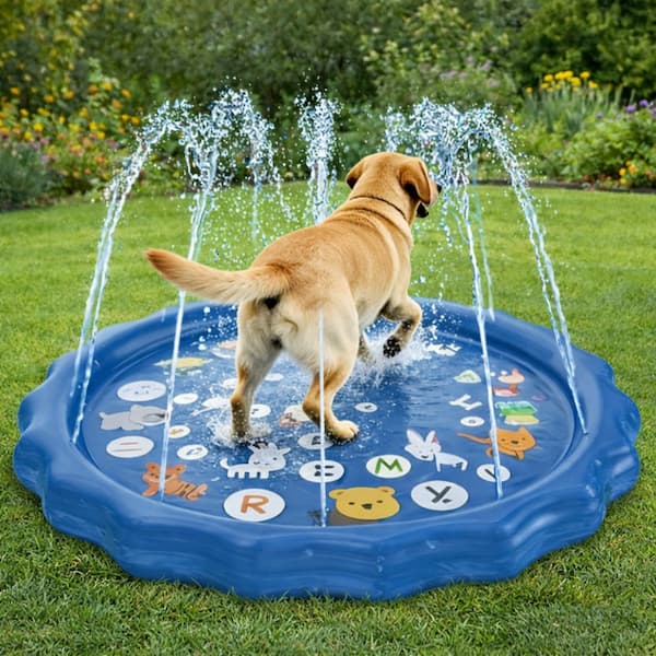 Dog playing on a blue inflatable splash pad with water sprays in a garden setting.