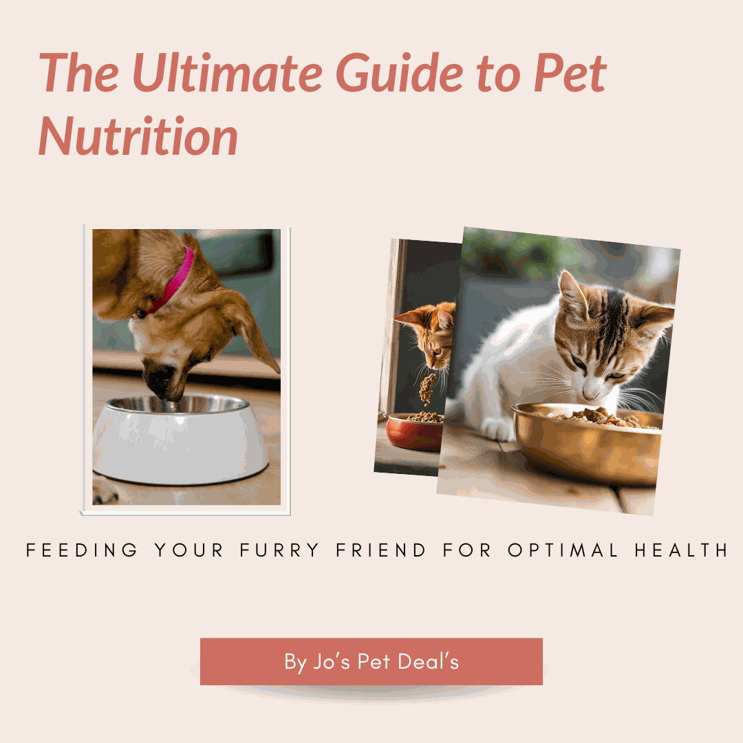 Vibrant promotional image for a free pet nutrition eBook. Features a digital book mockup with the title 'FREE Pet Nutrition Guide,' surrounded by happy dogs and cats, healthy pet food, and fresh ingredients. Includes a call-to-action text 'Download Now for Free!' to attract pet owners