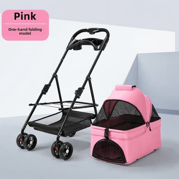 Pink pet stroller with black frame on a light gray background