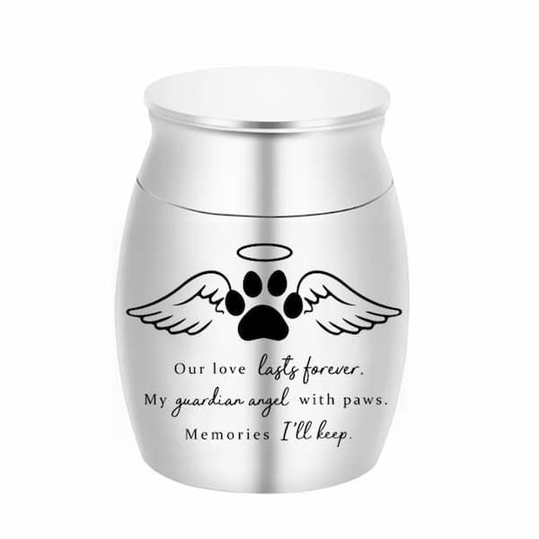 Silver urn with paw print design and text on a white background