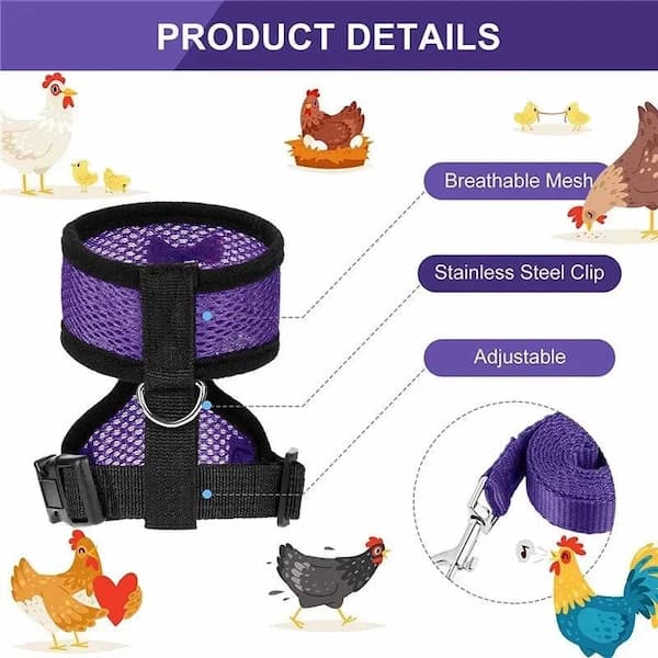Purple chicken harness with product details on a white background