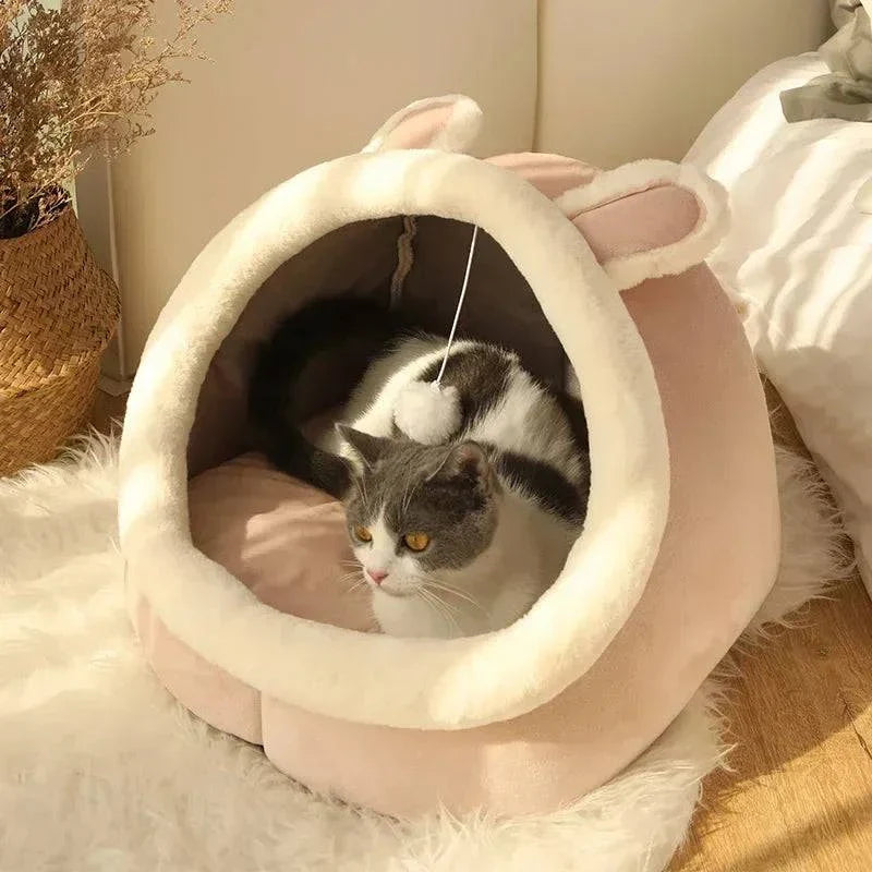 Round cat bed house with a cozy cave design, soft cushion, and tent structure, suitable for cats, kittens, and small dogs.