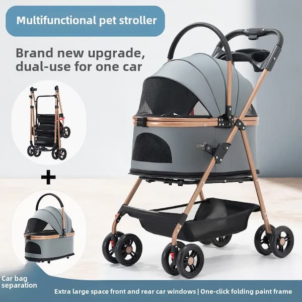 Multifunctional pet stroller with car bag on a light background