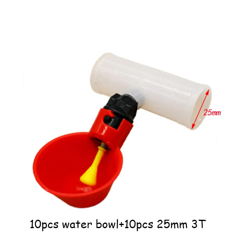 Automatic chicken water cup system installed along PVC pipe on white background.