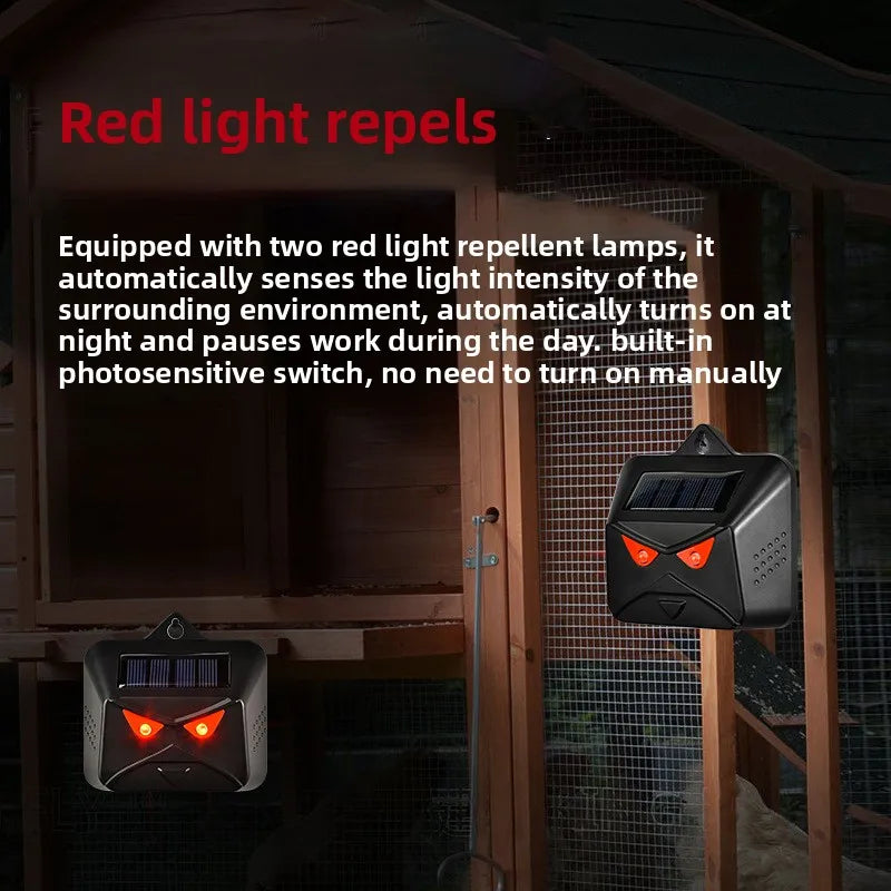 solar animal deterrent device with red lights designed to help deter predators and protect chickens and garden areas at night