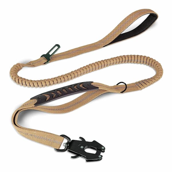 Khaki Reflective tactical bungee dog leash with locking carabiner shock absorbing design adjustable length