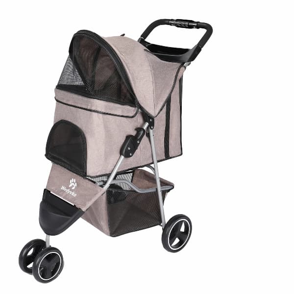 Pet stroller with beige and black design on a white background