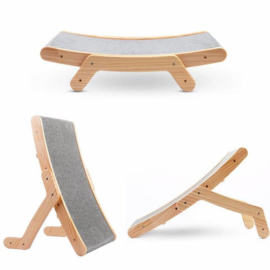 Wooden pet ramp with gray cushion on a white background