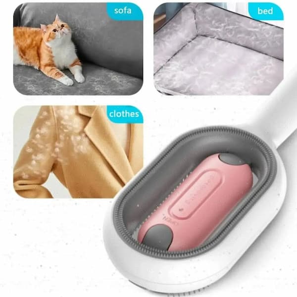 Pink and gray grooming tool with images of a cat, bed, and clothes showing fur on a white background.