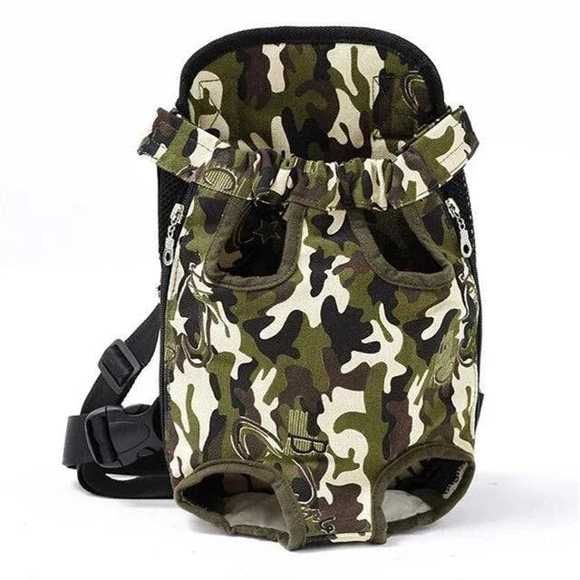 Camouflage pet carrier backpack for small dogs and cats with breathable mesh and ergonomic straps.