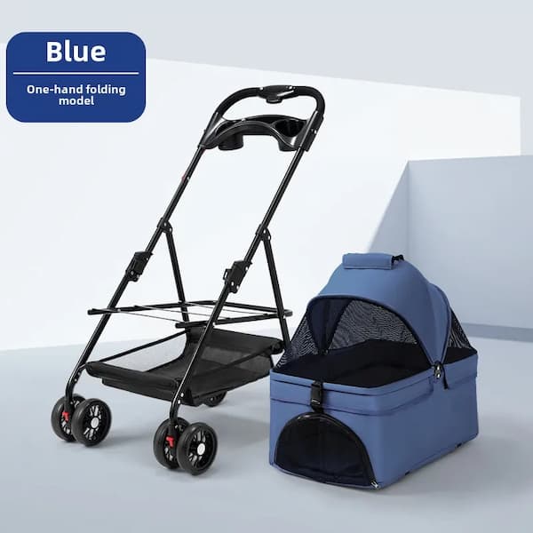 Blue pet stroller with one-hand folding feature on a light gray background