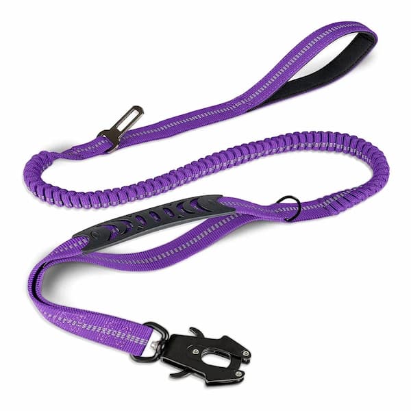 Purple Reflective tactical bungee dog leash with locking carabiner shock absorbing design adjustable length