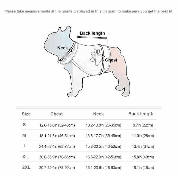 Measurement chart for dog coats with a diagram of a dog and labeled measurements.
