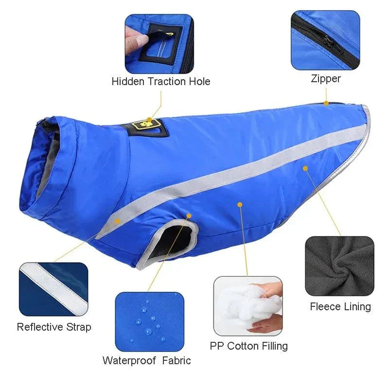 Waterproof blue padded dog jacket with reflective design, zipper, and fleece lining.