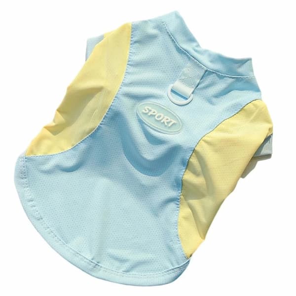 Light blue and yellow pet cooling vest with 'Sport' label on a white background