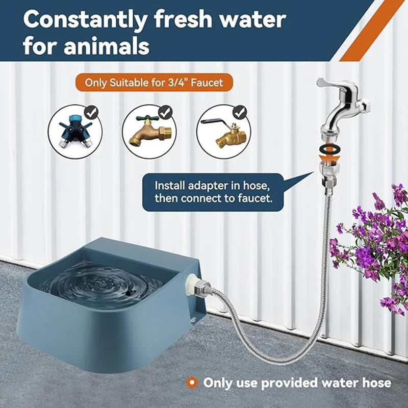 Automatic Outdoor Pet Water Dispenser with 2L self-filling bowl and 1.5m garden hose. Provides fresh water for dogs, cats, chickens, rabbits and outdoor pets. Summer pet hydration solution.
