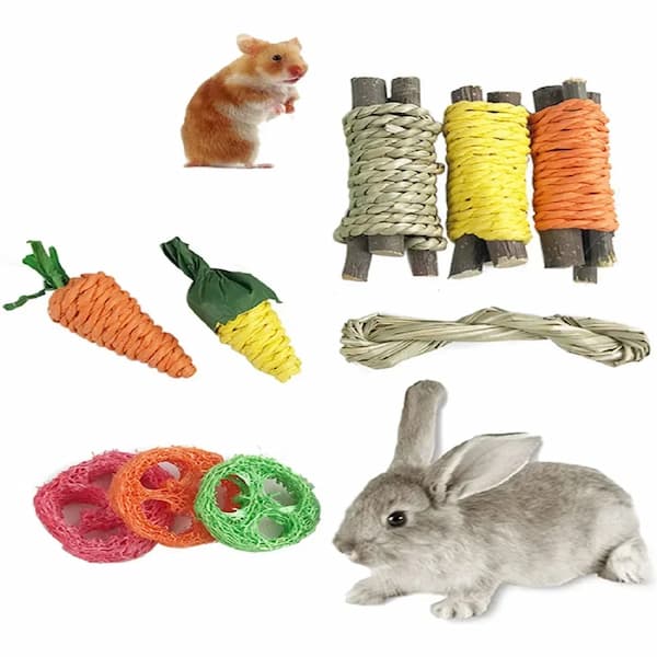 Collection of pet toys for small animals including a hamster, rabbit, and various chew toys.