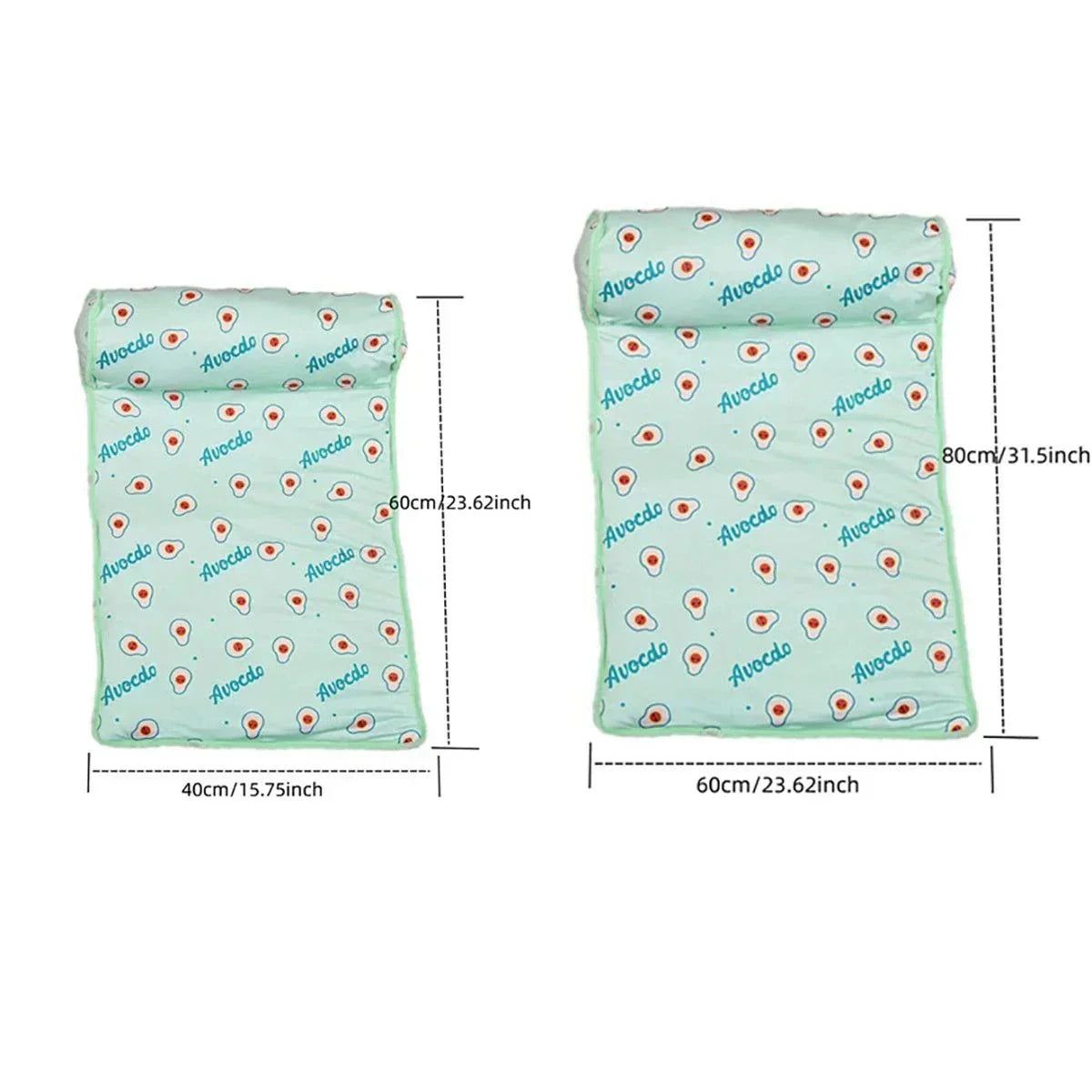 Dog cooling summer pad bed with avocado print design, available in two sizes: 40cm x 60cm and 60cm x 80cm.