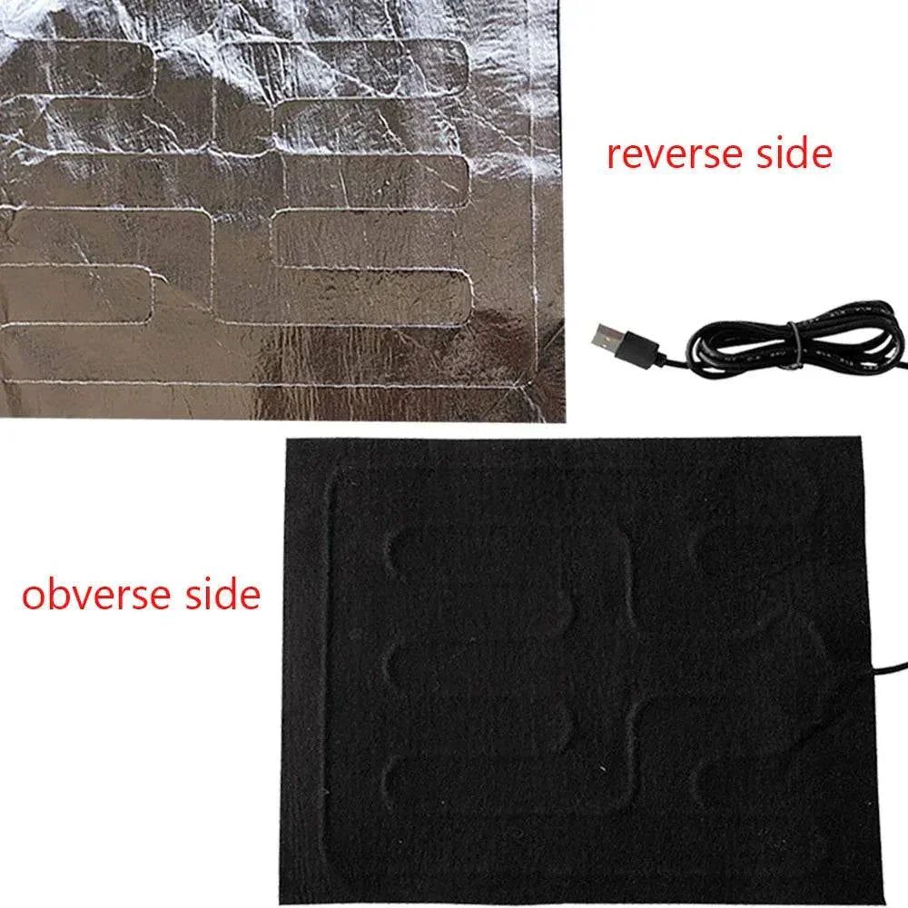 Waterproof USB heating pad showing reverse and obverse sides, designed for car seats, pets, and reptiles with foldable and energy-efficient features.