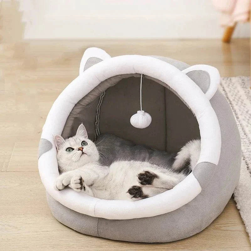 Round cat bed with a tent design, cozy and plush interior, suitable for kittens, cats, and small dogs, perfect for sleeping and lounging.