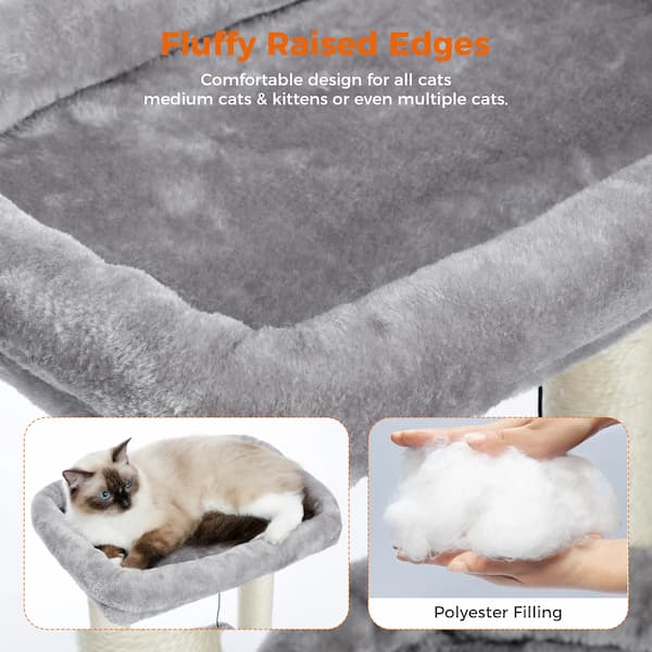 Cat bed with fluffy raised edges, showing a cat using it and close-up of the filling.