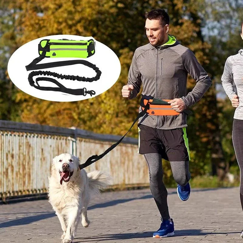 Hands-Free Reflective Dog Leash – pet owner jogging with a dog, featuring an adjustable waist bag and elastic leash